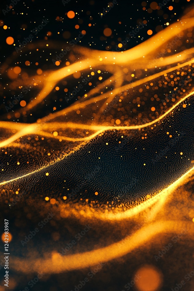 Poster abstract golden particles flowing on black background