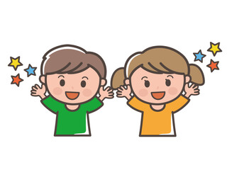 バンザイをして喜ぶ男の子と女の子の上半身イラスト（小学生、幼児、子供）