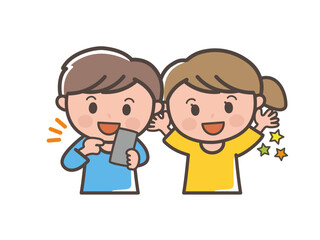 楽しそうにスマホで遊ぶ男の子と女の子の上半身イラスト（小学生、幼児、子供）