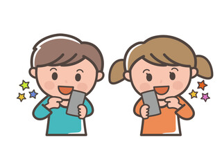 楽しそうにスマホを操作する男の子と女の子の上半身イラスト（小学生、幼児、子供）