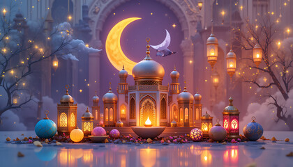 Fototapeta premium Ramadan Kareem with Colorful lanterns under a crescent moon