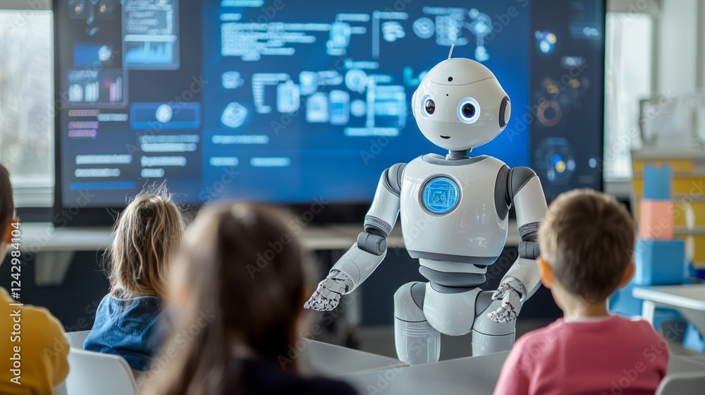 Poster Excited children engage with a humanoid robot, exploring interactive lessons and technology in a vibrant classroom filled with digital displays and innovative tools