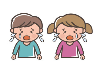 大泣きする男の子と女の子の上半身イラスト（小学生、幼児、子供）