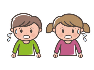 冷や汗をかいて焦る男の子と女の子の上半身イラスト（小学生、幼児、子供）