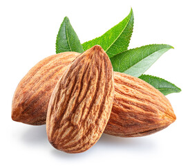 Almond nuts and almond leaves isolated on white background. File contains clipping path.