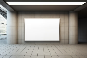Front view of a blank white billboard in a clean subway station or a big shopping mall. It offers a minimalist space for advertising with soft lighting.