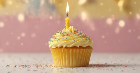 Pastel yellow birthday cupcake with colorful sprinkles and a lit candle in front of a bright background, spring desserts, colorful sprinkles, bright background