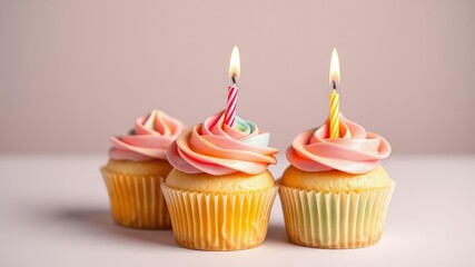 Pastel rainbow cupcake with colorful burning candles, celebratory dessert, cupcake birthday, pastry gift