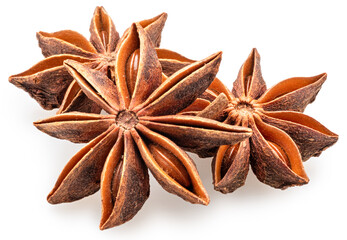 Anise stars or badian, star shaped fruit with seeds inside on white background. File contains clipping path.