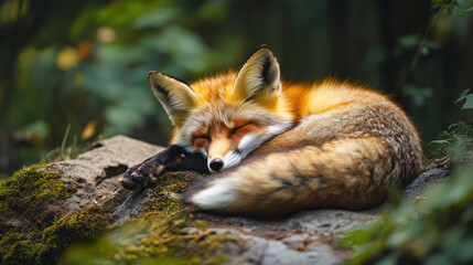 serene fox sleeps peacefully on moss covered rock in lush forest setting, surrounded by vibrant greenery and soft natural light