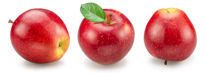 Set of three ripe red apples in different shoot angles on white background. File contains clipping paths.