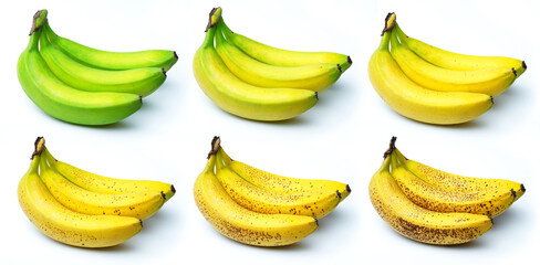 Set of six bunches of bananas of different ripeness, isolated on white background.