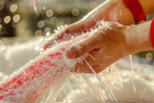 Hands skillfully rolling thin strands with glistening water droplets in a bright, sunlit environment during a craft session