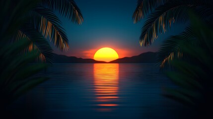 Ocean Sunset: Palm Trees Frame Vibrant Sky