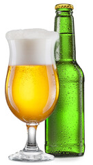 Green glass bottle of beer and tulip glass of beer isolated on a white background. File contains clipping path.