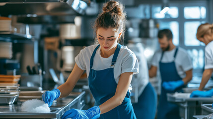 A professional cleaning team of three individuals in blue overalls and white shirts, working in a restaurant kitchen.