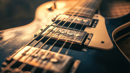 Fototapeta premium Close up of electric guitar with focus on strings and pickups, showcasing its intricate details and craftsmanship. warm lighting highlights texture and design of instrument