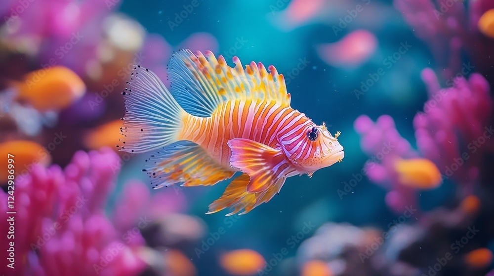 Poster a lively fish glides gracefully through a vibrant coral reef, surrounded by an array of colorful cor