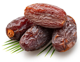 Semi-dried dates or date palm fruits lie on palm leaves isolated on white background. File contains clipping path.