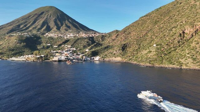 Aerial View of Salina Island - Volcanic Landscape in the Aeolian Islands, Tyrrhenian Sea, Sicily, Italy.