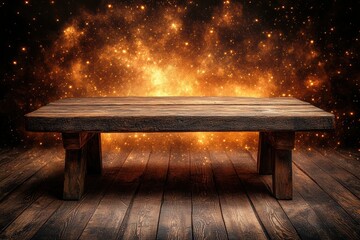 A rustic wooden table stands against a cosmic background filled with vibrant stars and nebulae, creating a striking contrast between nature and space.