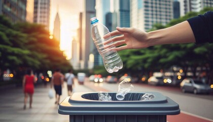 Hand throwing a plastic bottle into a trash can in an urban outdoor location, promoting environmental awareness and recycling