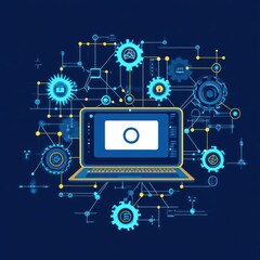 Laptop surrounded by interconnected technical components, suitable for tech concepts