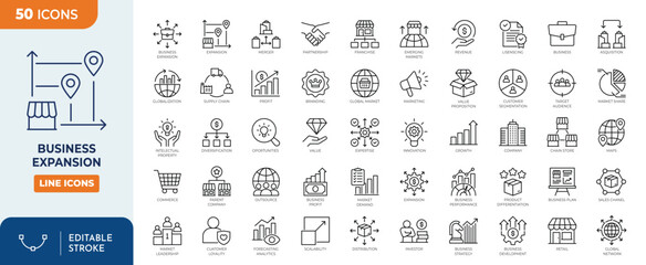 Business Expansion icon set. Contains related icons for growth, Expansion Strategy system in global business network and more. Outline Icon Collection. Vector illustration. Editable stroke