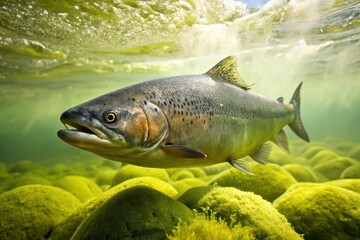 Salmon swimming through murky water with excessive slime, murky, dirty