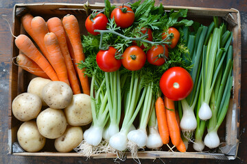 Photo Fresh Vegetables Carrots Tomatoes Potatoes Onions Produce Crate