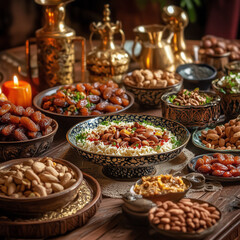 Sumptuous Spread Of Traditional Arabic Food Served During Ramadan Featuring Dates and Almonds