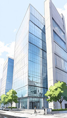 Obraz premium City Building Sketch Featuring Blue Structure with One Point Perspective Eye Level Architecture View Exterior Design Inspiration