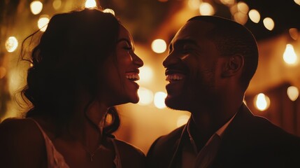 Couple joyfully celebrates their wedding day in an elegant venue filled with warm lights and loving smiles