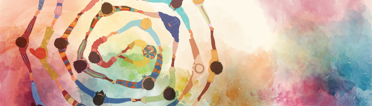 Group people in circle from diverse culture holding hands.Teamwork and cooperation.Community of friends or volunteers committed to social issues for peace and the environment.Top view