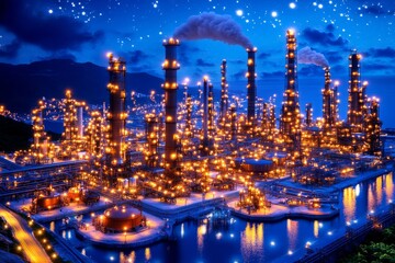  A sprawling oil refinery glows under the night sky. Generative AI