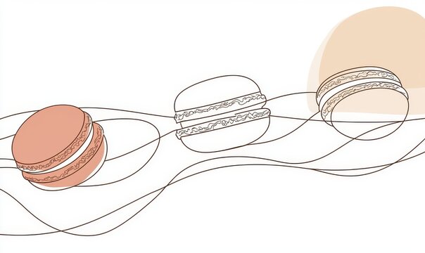 A single, unbroken line drawing of vibrant French macaroons set against a white background.
