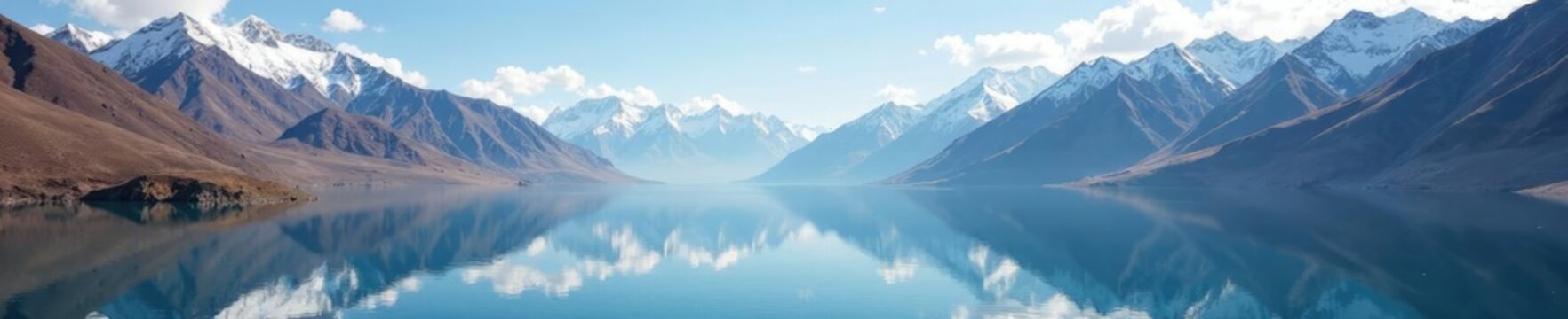 Serene lake Manasarovar reflected in misty mountains, Gurla Mandhata, Tibet, mountains
