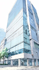 Obraz premium Eye Level City Building Sketch Featuring One Point Perspective of a Blue Structure in Urban Architecture Exterior Design Inspiration