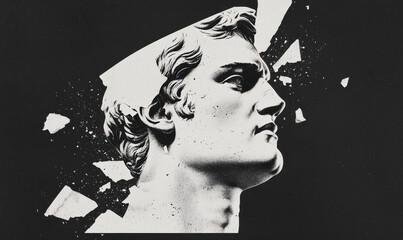 Dynamic Fragmented Classical Sculptural Bust in Monochrome Art Capturing Timeless Elegance and Expression
