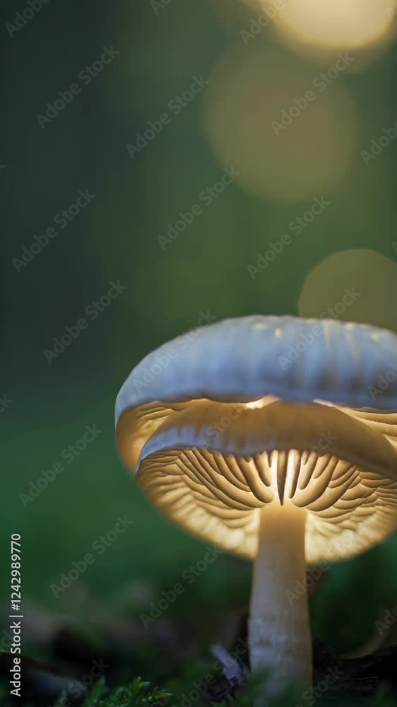 Leinwandbilder a glowing mushroom underside with branching veins backlit by soft forest bokeh.