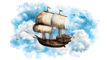 Naklejka premium A majestic galleon sails amidst dreamy clouds, a watercolor fantasy.