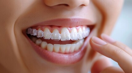 Obraz premium Woman smiling, clear aligners, close-up, dental health