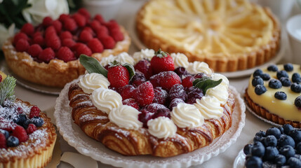variety of delicious pastries including croissants, cheesecakes, and tarts topped with fresh berries and cream are displayed on table, creating tempting dessert spread
