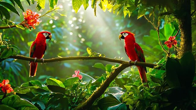 Vibrant red parrots perched on branches in a lush tropical rainforest under dappled sunlight