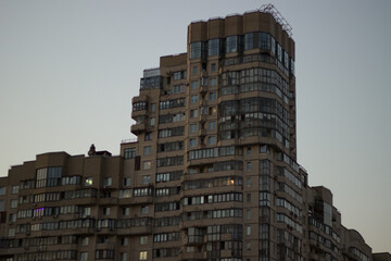 Soviet panel houses near the river, brutalist architecture