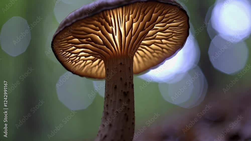 Poster a glowing mushroom underside with branching veins backlit by soft forest bokeh.