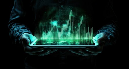 A woman is using a tablet on a busy city street at night