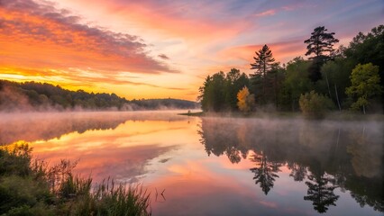 Fototapeta premium Mist-Shrouded Lake at Dawn: A breathtaking scene of a tranquil lake enveloped in a ethereal mist, with vibrant hues of sunrise painting the sky and reflected in the calm water.