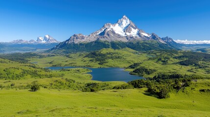 Majestic snow-capped mountain, serene lake, green valley, sunny day, travel poster