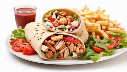 Chicken Shawarma Doner kebab on a plate with french fries, vegetables and salad. Isolated on white background
